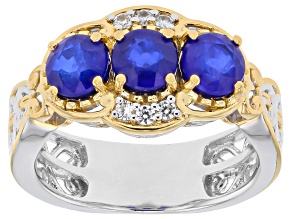 Cobalt Blue Spinel & White Zircon 3-Stone Rhodium/24k Gold Over Palladium Silver Ring 1.90ctw