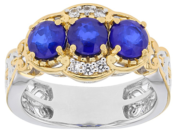 Cobalt Blue Spinel & White Zircon 3-Stone Rhodium/24k Gold Over Palladium Silver Ring 1.90ctw
