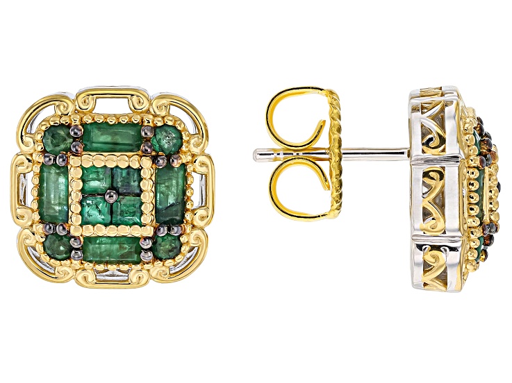 Grizzly Emerald Rhodium And 24k Yellow Gold Over Palladium Sterling Silver Earrings 1.62ctw