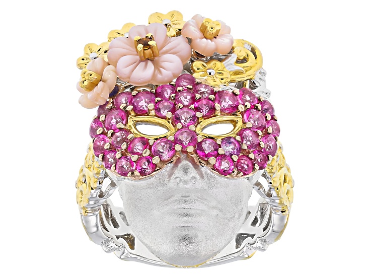 Topaz & Pink MOP Rhodium/24k Gold Over Palladium Sterling Silver Venice Carnival Ring 1.80ctw