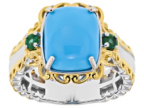 Sleeping Beauty Turquoise & Grizzly Emerald Rhodium/24k Gold Over Palladium Silver Ring 0.13ctw