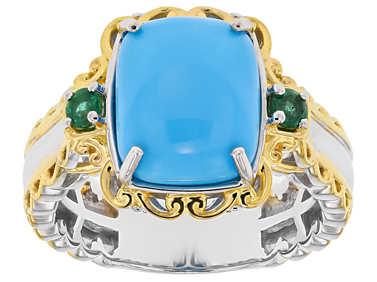 Sleeping Beauty Turquoise & Grizzly Emerald Rhodium/24k Gold Over Palladium Silver Ring 0.13ctw
