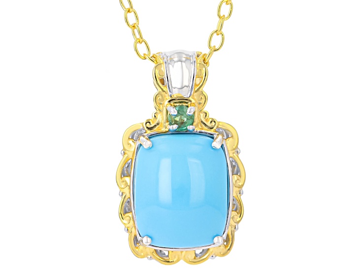 Sleeping Beauty Turquoise & Grizzly Emerald Rhodium/24k Gold Palladium Silver Pendant With Chain