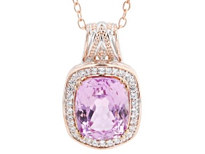 Kunzite & Zircon Halo Rhodium/18k Rose Gold Over Palladium Silver Pendant With Chain 7.35ctw