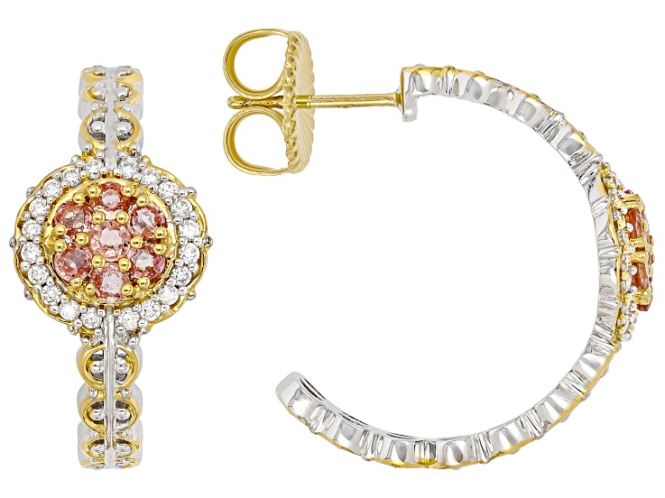 Orange Padparadscha Sapphire Rhodium/24k Gold Over Palladium Silver Hoop Earrings 1.42ctw
