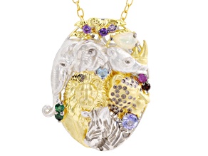 Multi Gemstone Safari Rhod/24k Gold Over Palladium Sterling Silver Pendant with Chain 0.27ctw