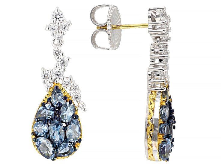 Santa Maria Aquamarine, White Zircon Rhodium/24k Gold Over Palladium Silver Earrings 4.24ctw