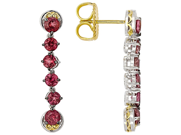 Red Rubellite Rhodium/24k Yellow Gold Over Palladium Sterling Silver Drop Earrings 2.29ctw