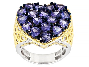 Tanzanite Heart Cluster Rhodium And 24k Yellow Gold Over Palladium Sterling Silver Ring 4.05ctw