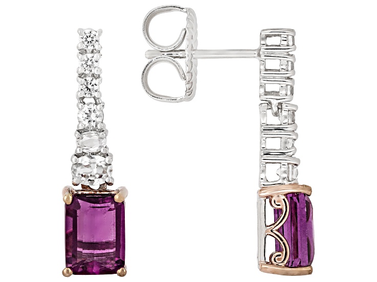 Pink Fluorite & Zircon Rhodium/18k Rose Gold Over Palladium Sterling Silver Earrings 6.49ctw