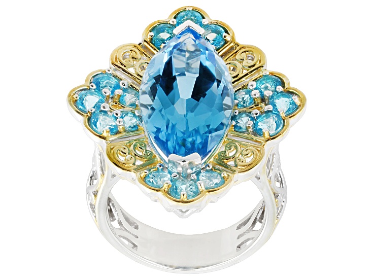 Swiss Blue Topaz & Paraiba Color Topaz Rhodium/24k Gold Over Palladium Silver Ring 10.78ctw