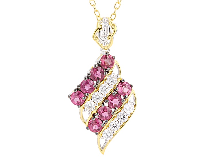 Lab Grown Diamond, Rubellite Rhodium/24k Gold Over Palladium Sterling Silver Pendant/Chain 1.90ctw
