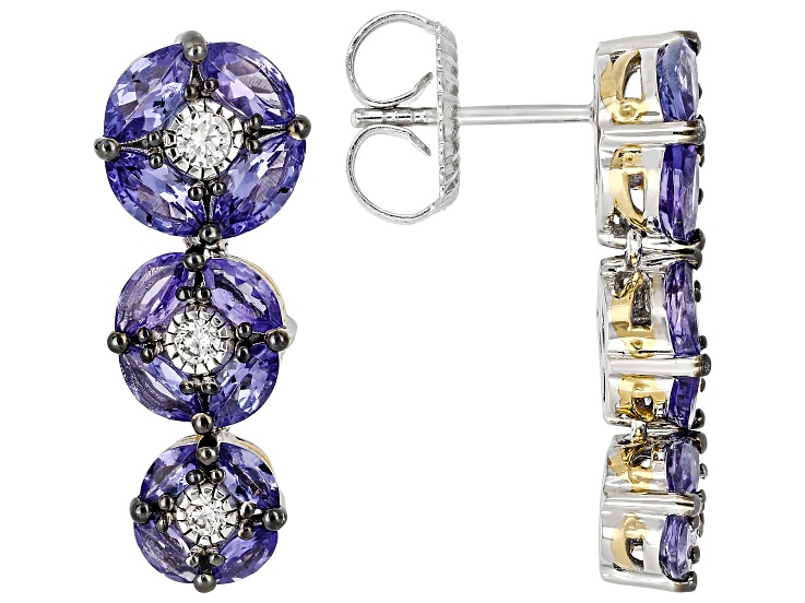 Lab Grown Diamond & Tanzanite Rhodium/24k Yellow Gold Over Palladium Silver Earrings 4.18ctw