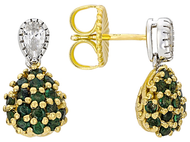 Grizzly Emerald, White Zircon Drop Rhodium/24k Yellow Gold Over Palladium Silver Earrings 1.55ctw