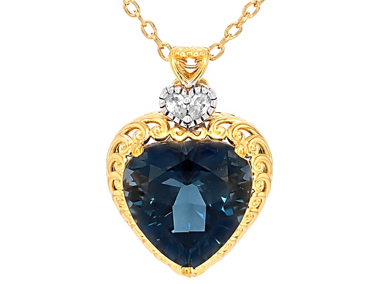 London Blue Topaz & Zircon Rhodium/24k Gold Over Palladium Silver Heart Pendant/Chain 1.86ctw