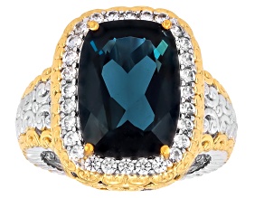 London Blue Topaz & White Zircon Halo Rhodium & 24k Yellow Gold Over Palladium Silver Ring 8.94ctw