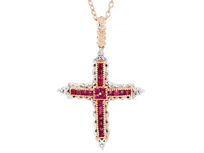 Red Gemfields Ruby & White Zircon Cross Rhodium/18k Gold Over Palladium Silver Pendant 1.20ctw