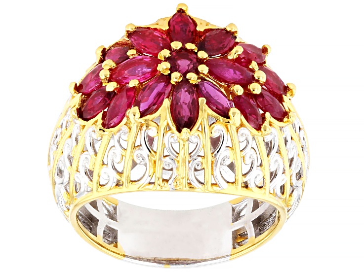 Red Gemfields Ruby Cluster Rhodium/24k Yellow Gold Over Palladium Sterling Silver Ring 2.32ctw