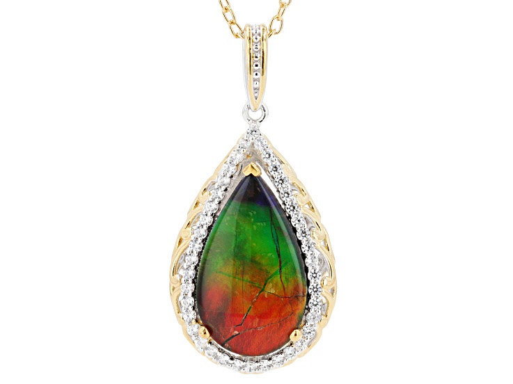 Ammolite Triplet & White Zircon Rhodium/24k Yellow Gold Over Palladium Silver Pendant/chain 0.54ctw