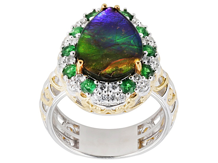 Ammolite Triplet, Tsavorite & White Zircon Rhod/24k Yellow Gold Over Palladium Silver Ring 1.08ctw