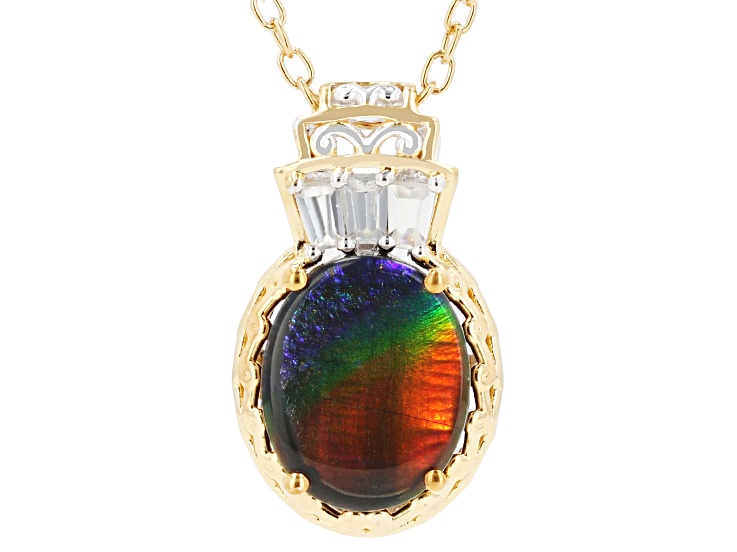Ammolite Triplet & White Zircon Rhodium/24k Yellow Gold Over Palladium Silver Pendant/Chain 0.31ctw
