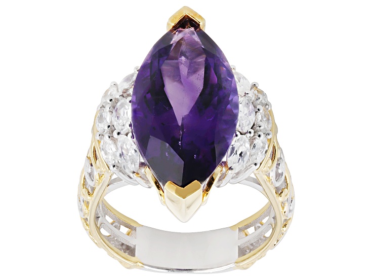 Amethyst & White Zircon Rhodium/24k Yellow Gold Over Palladium Sterling Silver Ring 8.15ctw
