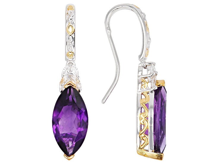 Amethyst & White Zircon Rhodium/24k Yellow Gold Over Palladium Sterling Silver Earrings 6.31ctw