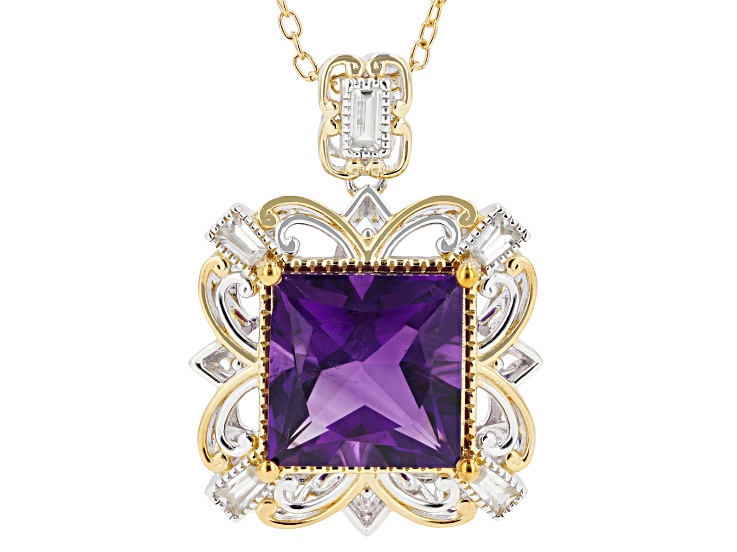 Amethyst & White Zircon Rhodium/24k Yellow Gold Over Palladium Sterling Silver Pendant/chain 8.61ctw