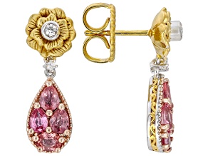 Lotus Pink Sapphire, Zircon Rhodium/24k Yellow Gold Over Palladium Silver Drop Earrings 1.68ctw