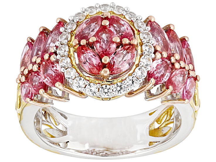 Lotus Pink Sapphire & White Zircon Rhodium/24k Yellow Gold Over Palladium Silver Ring 2.92ct