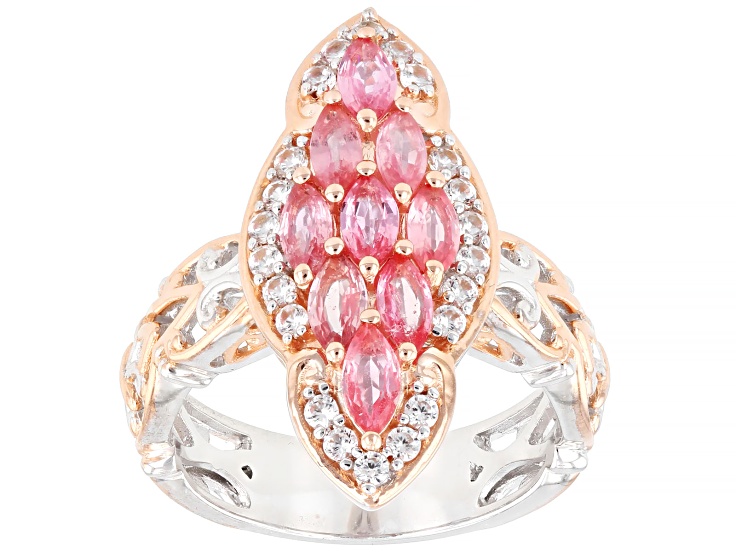 Lotus Pink Sapphire & White Zircon Rhodium/18k Rose Gold Over Palladium Sterling Silver Ring
