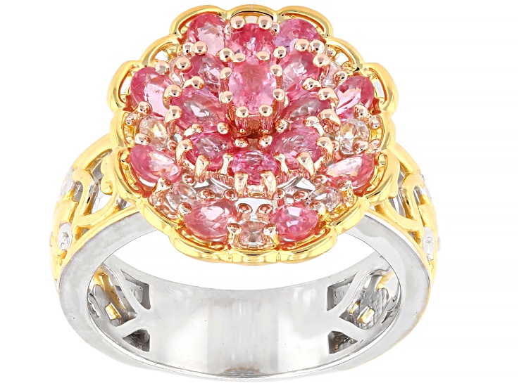 Lotus Pink Sapphire & White Zircon Rhodium/24k Yellow Gold Over Palladium Silver Ring 2.44ctw