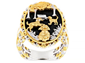 Black Onyx Dogs in the Park Rhodium/24k Yellow Gold Over Palladium Sterling Silver Ring