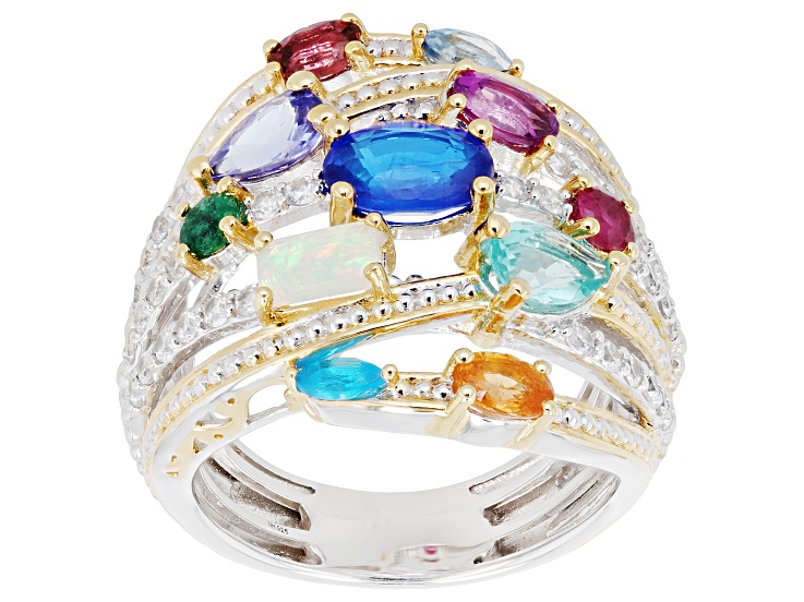 Multi-Gemstone Rhodium & 24k Gold Over Palladium Sterling Silver Ring 3.76ctw