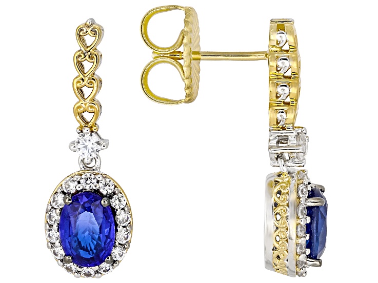 Cobalt Spinel, White Zircon Rhodium/24k Gold Over Palladium Sterling Silver Earrings 2.56ctw