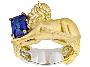 Cobalt Spinel Rhodium/Brushed 24k Gold Over Palladium Sterling Silver Lion Ring 1.05ct