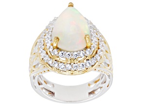 White Ethiopian Opal, White Zircon Rhodium/24k Yellow Gold Over Palladium Silver Ring 4.93ctw