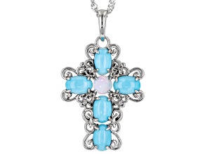 Multi-Color Ethiopian Opal Rhodium Over Sterling Silver Cross Pendant With Chain 0.16ct