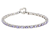 Blue Tanzanite Rhodium Over Sterling Silver Heart Tennis Bracelet 5.19ctw