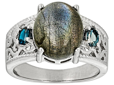 Gray Labradorite Rhodium Over Sterling Silver Ring