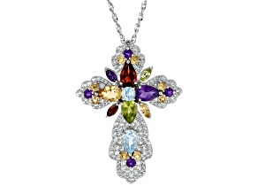 Purple Amethyst Rhodium Over Sterling Silver Cross Pendant With Chain 10.97ctw