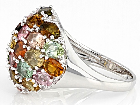 Multi Color Tourmaline Rhodium Over Sterling Silver Ring