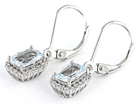 Aquamarine And White Zircon Rhodium Over Sterling Silver Dangle Earrings 1.40ctw