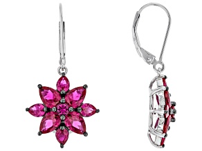 Red lab created ruby rhodium over sterling silver floral dangle earrings 5.14ctw