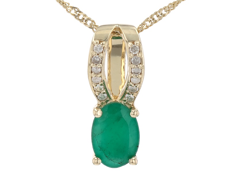 Zambian Emerald With White Diamond 14k Yellow Gold Pendant With Chain 0.72ctw