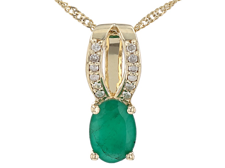 Zambian Emerald With White Diamond 14k Yellow Gold Pendant With Chain 0.72ctw