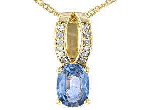 Ceylon Sapphire With White Diamond 10k Yellow Gold Pendant With Chain 0.96ctw