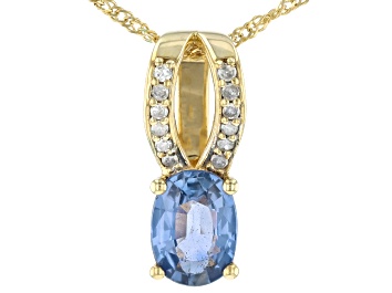 Picture of Ceylon Sapphire With White Diamond 10k Yellow Gold Pendant With Chain 0.96ctw