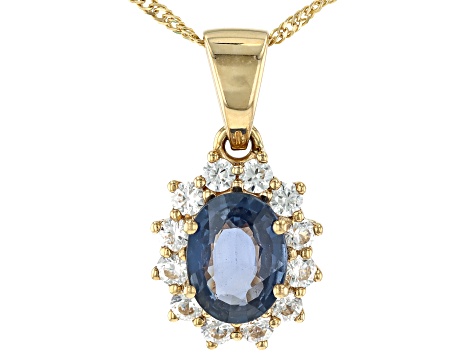 Ceylon Sapphire With White Zircon 14k Yellow Gold Pendant With Chain 1.91ctw