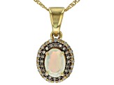 Ethiopian Opal With White And Champagne Diamond 10k Yellow Gold Pendant With Chain 0.70ctw